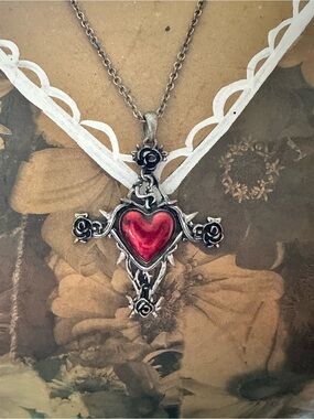 Silver-Tone Rose Cross Necklace with Red Heart Pendant